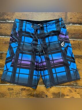 Vintage Y2K Volcom Blue Purple Plaid Check Board Shorts Surf Swim Trunks Mens 34
